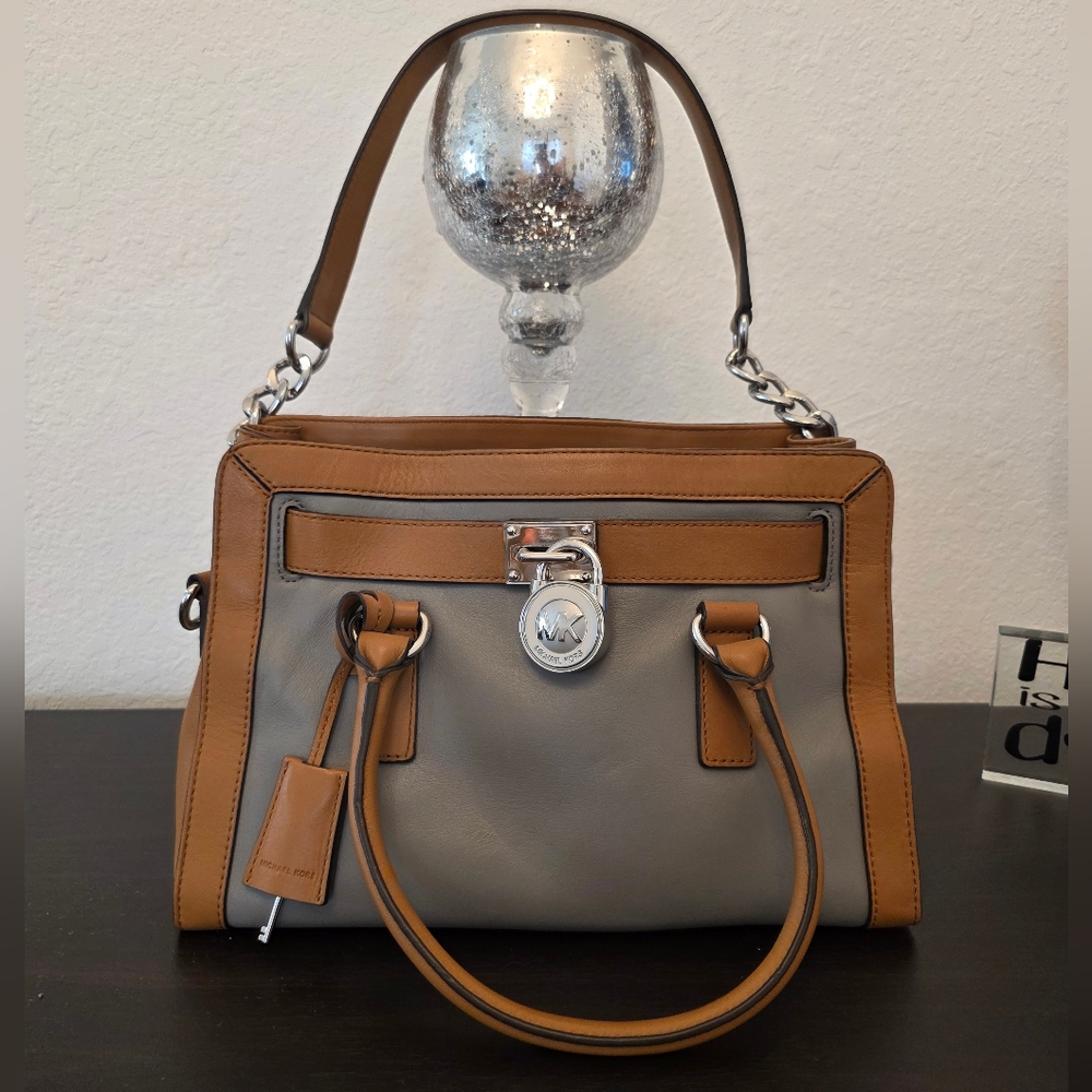 Michael Kors Tan and Gray Leather Hamilton Shoulder Bag